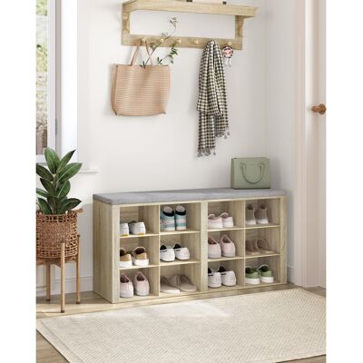 Borough Wharf Shoe Storage Bench with Padded Seat, Shoe Rack Bench with 12 Open Compartments, Adjustable Shelves, Shoes Cabinet with Cushion for Hallway, Living Roo White/Oak 49cm H X 104cm W X 30cm D Borough Wharf Shoe Storage Bench with Padded Seat, Shoe Rack Bench with 12 Open Compartments, Adjustable Shelves, Shoes Cabinet with Cushion for Hallway, Living Roo White/Oak 49cm H X 104cm W X 30cm D