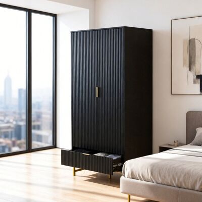 Metro Fluted Wardrobe with Doors And Drawers Satin Black 2 door + 1 drawer Metro Fluted Wardrobe with Doors And Drawers Satin Black 2 door + 1 drawer