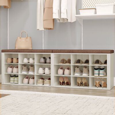 Borough Wharf Shoe Storage Bench with Padded Seat, Shoe Rack Bench with 18/24 Open Compartments, Adjustable Shelves, Shoe Cabinet Storage with Cushion for Hallway L White and Brown 18 Compartments Borough Wharf Shoe Storage Bench with Padded Seat, Shoe Rack Bench with 18/24 Open Compartments, Adjustable Shelves, Shoe Cabinet Storage with Cushion for Hallway L White and Brown 18 Compartments