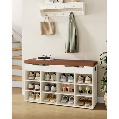 Borough Wharf Shoe Storage Bench with Padded Seat, Shoe Rack Bench with 12 Compartments, Hidden Storage, Adjustable Shelves, Shoes Cabinet with Cushion for Living R White/Brown 55cm H X 100cm W X 30cm D Borough Wharf Shoe Storage Bench with Padded Seat, Shoe Rack Bench with 12 Compartments, Hidden Storage, Adjustable Shelves, Shoes Cabinet with Cushion for Living R White/Brown 55cm H X 100cm W X 30cm D