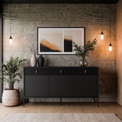 Latitude Run Sideboard MIDNIGHT 3D3S with gold handles Black Matte 82.5cm H X 154.5cm W X 39cm D Latitude Run Sideboard MIDNIGHT 3D3S with gold handles Black Matte 82.5cm H X 154.5cm W X 39cm D
