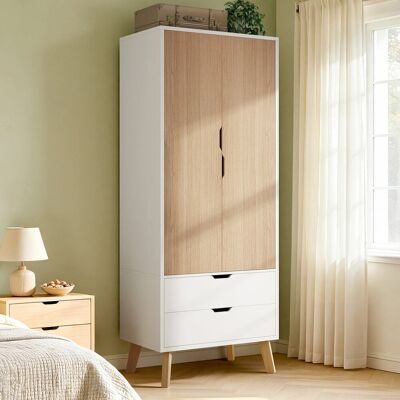 Norden Home Modern 2 Drawer Wardrobe With Hanging Rail, White And Wood Effect Storage Cabinet, 198cm Tall Matte 198cm H X 76cm W X 50cm D Norden Home Modern 2 Drawer Wardrobe With Hanging Rail, White And Wood Effect Storage Cabinet, 198cm Tall Matte 198cm H X 76cm W X 50cm D