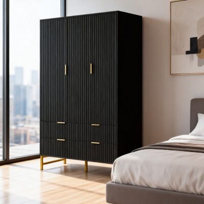 Metro Fluted Wardrobe with Doors And Drawers Satin Black 3 door + 4 drawer Metro Fluted Wardrobe with Doors And Drawers Satin Black 3 door + 4 drawer