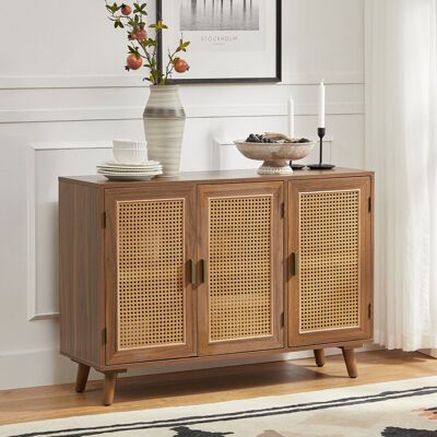 Fjørde & Co Hearn 109 cm Modern Wide Sideboard with 3 Rattan Doors Walnut 76.5cm H X 109.2cm W X 34.3cm D Fjørde & Co Hearn 109 cm Modern Wide Sideboard with 3 Rattan Doors Walnut 76.5cm H X 109.2cm W X 34.3cm D