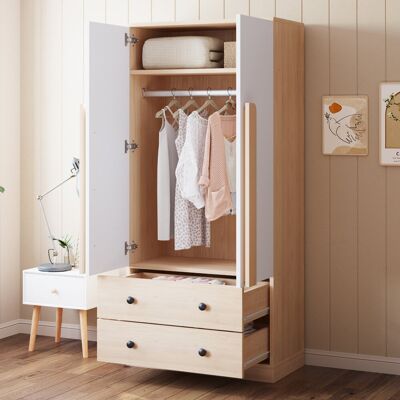 Latitude Run Modern Double Door Wardrobe Closet With 2 Drawers White/Light Brown 170.00cm H X 70.00cm W Latitude Run Modern Double Door Wardrobe Closet With 2 Drawers White/Light Brown 170.00cm H X 70.00cm W