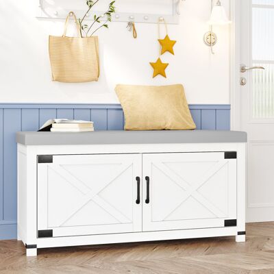 Borough Wharf Shoe Storage Bench with Padded Seat, 2 Tier Shoe Rack Bench with Barn Doors, Adjustable Shelves, Shoes Cabinet with Cushion for Hallway, Living Room, White 35 x 100 x 49 cm Borough Wharf Shoe Storage Bench with Padded Seat, 2 Tier Shoe Rack Bench with Barn Doors, Adjustable Shelves, Shoes Cabinet with Cushion for Hallway, Living Room, White 35 x 100 x 49 cm