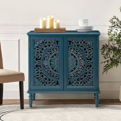 Latitude Vive 无风格、强卖点Bouirou 80cm W Transitional 2 - Door Rectangle Accent Cabinet with carved floral design Blue 81cm H X 80cm W X 36cm D Latitude Vive 无风格、强卖点Bouirou 80cm W Transitional 2 - Door Rectangle Accent Cabinet with carved floral design Blue 81cm H X 80cm W X 36cm D
