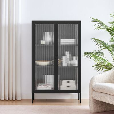 17 Stories Natinal Metal & Fluted Glass Display Cabinet - Sleek Modern Design Black Metal 150cm H X 90cm W X 35cm D 17 Stories Natinal Metal & Fluted Glass Display Cabinet - Sleek Modern Design Black Metal 150cm H X 90cm W X 35cm D