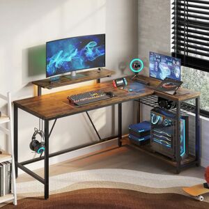 Inbox Zero 58'' L shaped Computer Desk with Power outlet, Gaming desk with monitor stand and shelves brown 82.0 H x 148.0 W x 80.0 D cm
