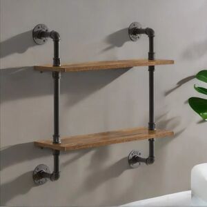 Borough Wharf Wrightstown 2 Piece Floating Shelf Industrial Rustic Brown Pipe Home Furniture black/brown 66.0 H x 61.5 W x 20.0 D cm