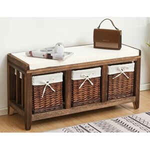 House of Hampton Grey Painted Wooden Hallway Bench Seat 3 Baskets Pull-Out Storage Cushioned Top white/brown 45.0 H x 93.0 W x 34.0 D cm