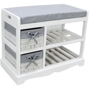 House of Hampton Grey Painted Wooden Hallway Bench 2 Basket 2 Shelf Storage White Cushioned Top gray/white