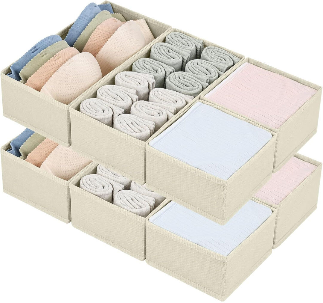 Ebern Designs Drawer Organisers 8 Pack Foldable Storage Box Fabric Wardrobe Storage Organiser Dresser Drawer Dividers Storage Cubes For Bras, Socks, Underwear, Ties Beige 9cm H X 30cm W X 15cm D