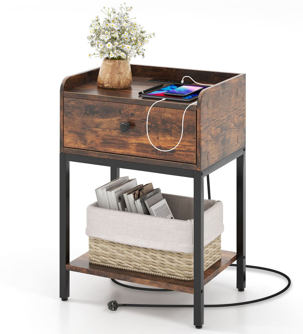 Borough Wharf Nightstand W/Charging Station Industrial Bedside Table W/USB Ports Brown 60cm H X 42cm W X 30cm D