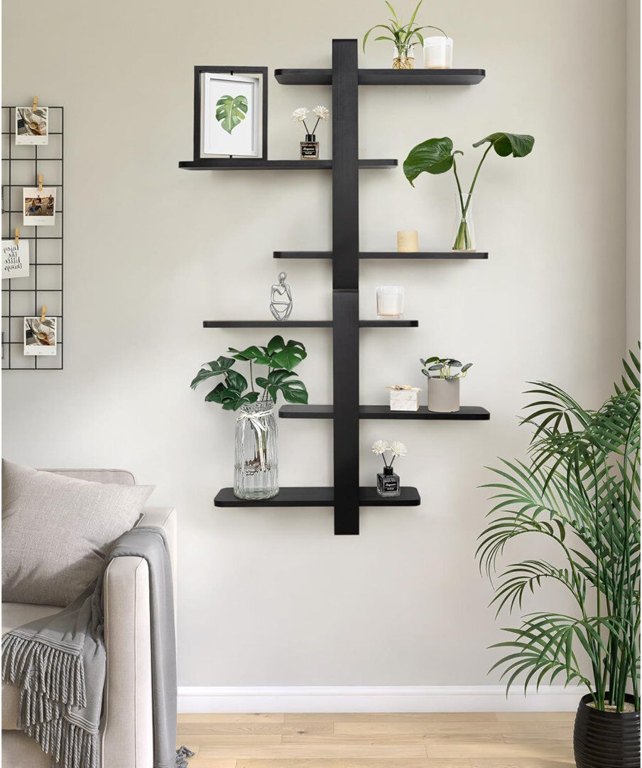 17 Stories Floating Shelves For Wall Mounted Shelving Unit All Pine Wood 50CM 3 Tier Large Shelf For Bedroom Living Room Office Bathroom Home Decoration Storage Black 58cm H X 50cm W X 12cm D