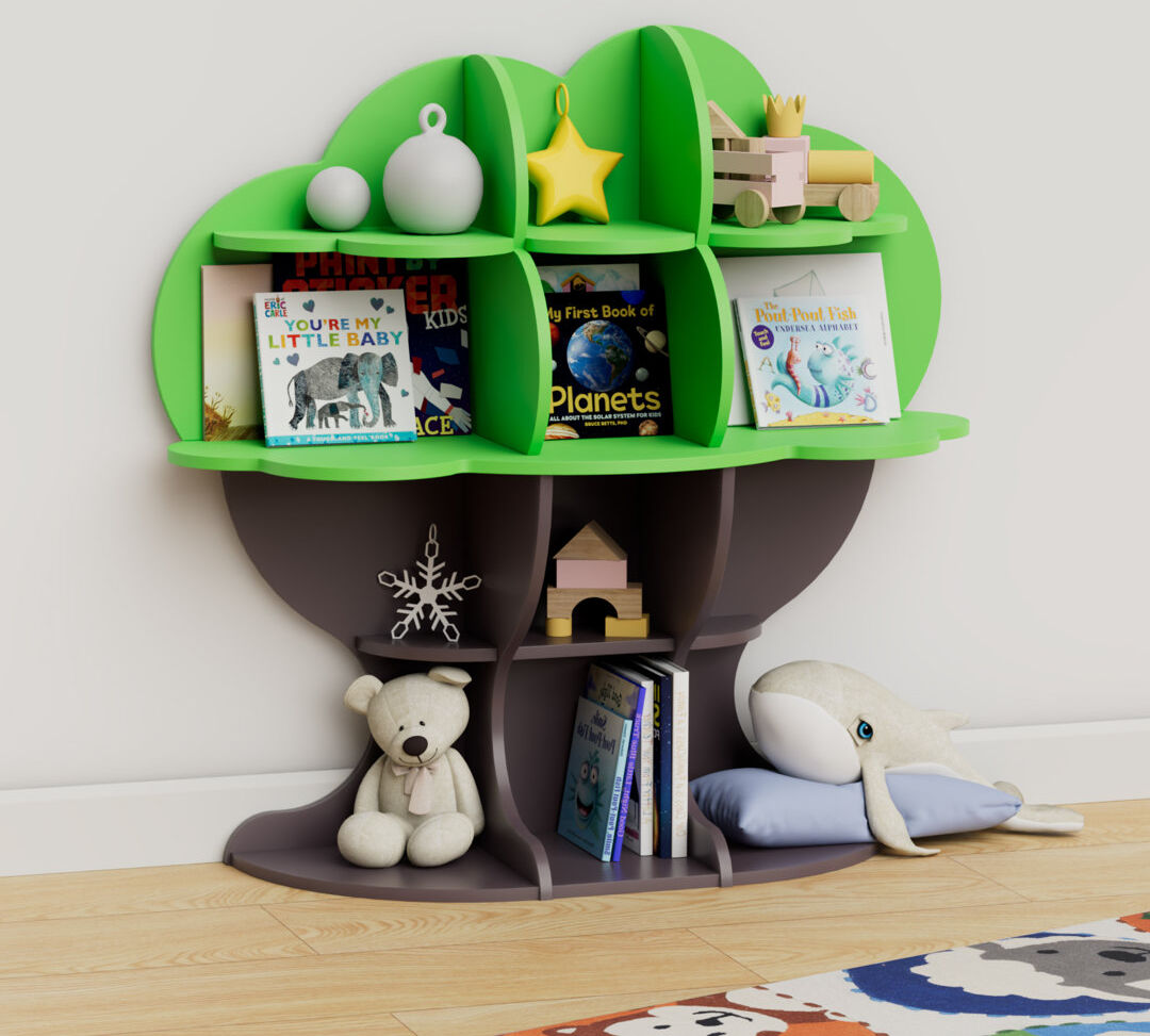Blue Elephant Genivive Tree Kids Bookshelf, Wood Bookcase, 12-Cubby Children Toy Storage Organizer Book Shelf, Baby Montessori Bookshelf and Toy Storage Green/Brown 96.5cm H X 96.5cm W X 30.5cm D