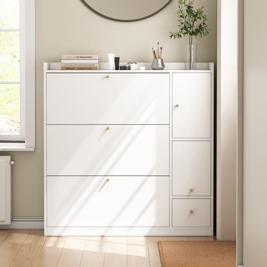 Ebern Designs 3 Drawer Flip Down Shoe Storage Cabinet With Bench For Hallway White 24
