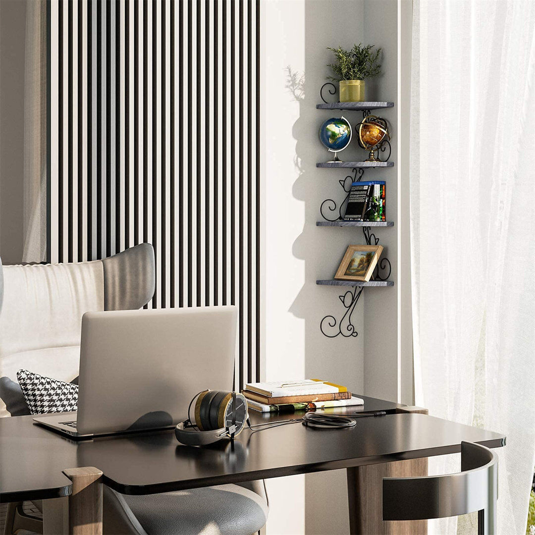 Rosalind Wheeler Corner Shelf Wall Mount Of 4 Tier Corner Shelves Rustic Wood Floating Shelf Cat Shape Metal Corner Stand For Bedroom Living Room Bathroom Kitchen Offi Grey 104cm H X 19.9cm W X 19.9cm D