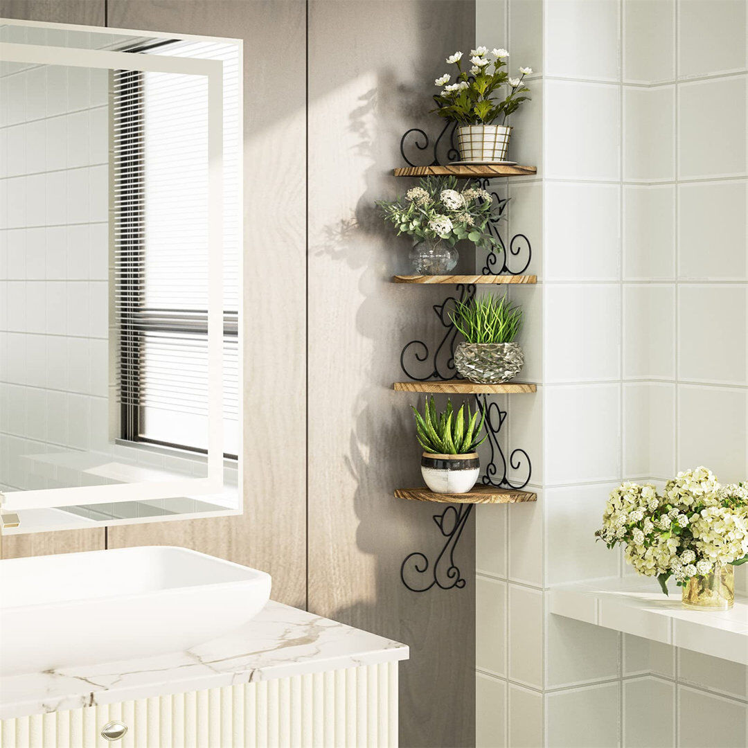 Rosalind Wheeler Corner Shelf Wall Mount Of 4 Tier Corner Shelves Rustic Wood Floating Shelf Cat Shape Metal Corner Stand For Bedroom Living Room Bathroom Kitchen Offi Brown 104cm H X 19.9cm W X 19.9cm D