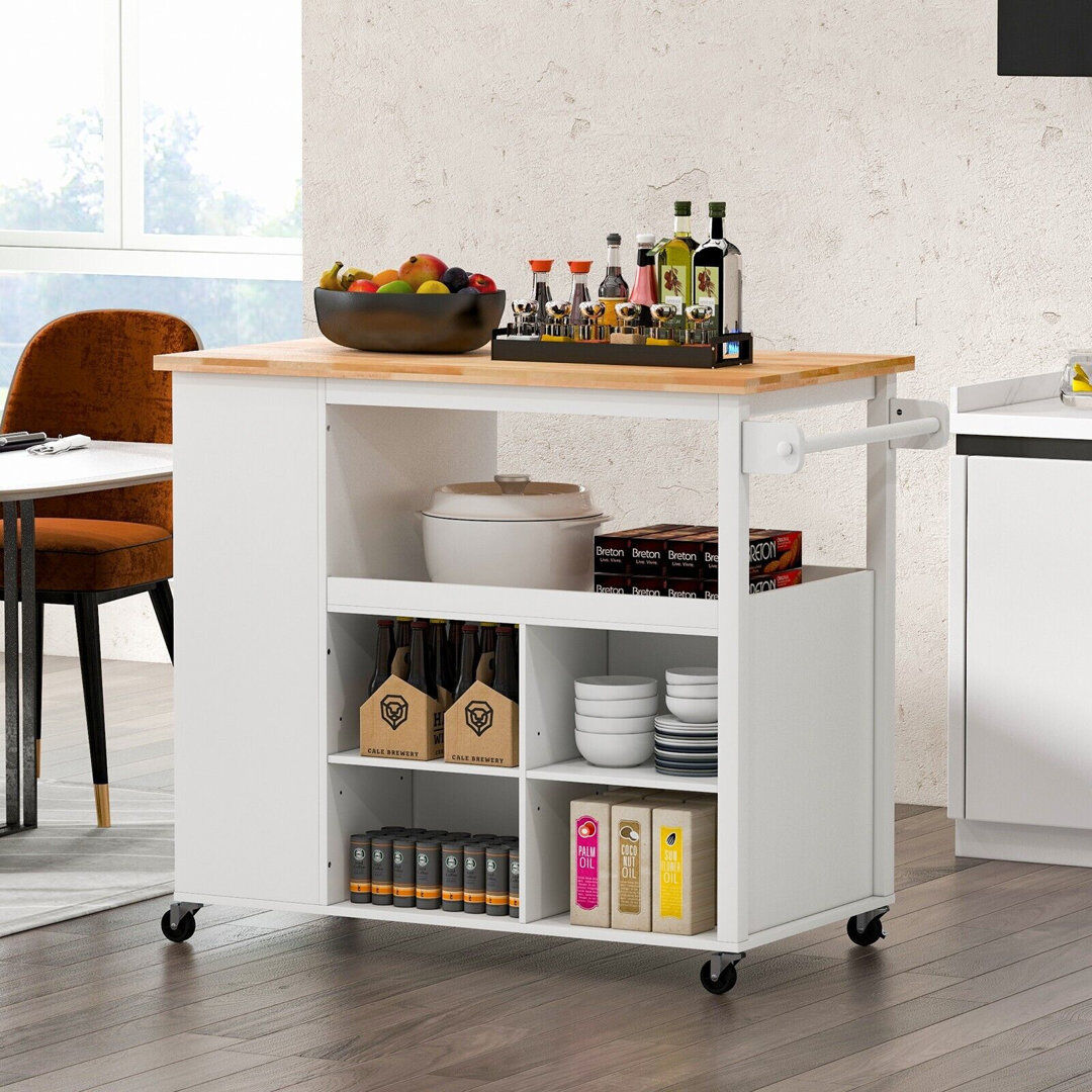 Latitude Run Kitchen Island Rolling Storage Trolley Cart Cupboard With 4 Adjustable Shelves White 98.5cm H X 116.5cm W X 60cm D