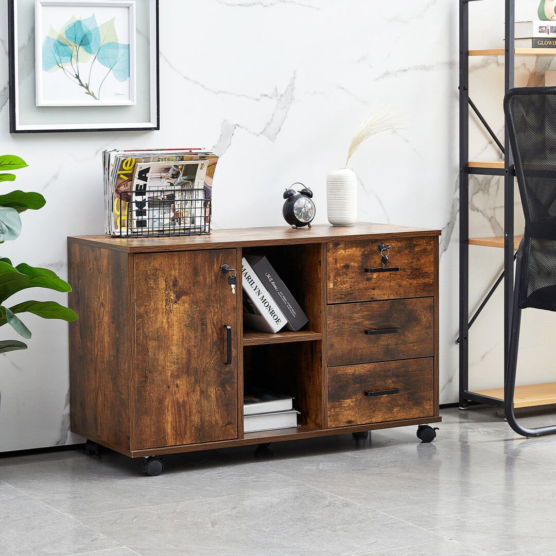 Borough Wharf Mobile File Cabinet With 3 Drawers, 90X40x55cm Lockable Office Rolling Cabinet With Wheels,Black Walnut 57cm H X 90cm W X 40cm D
