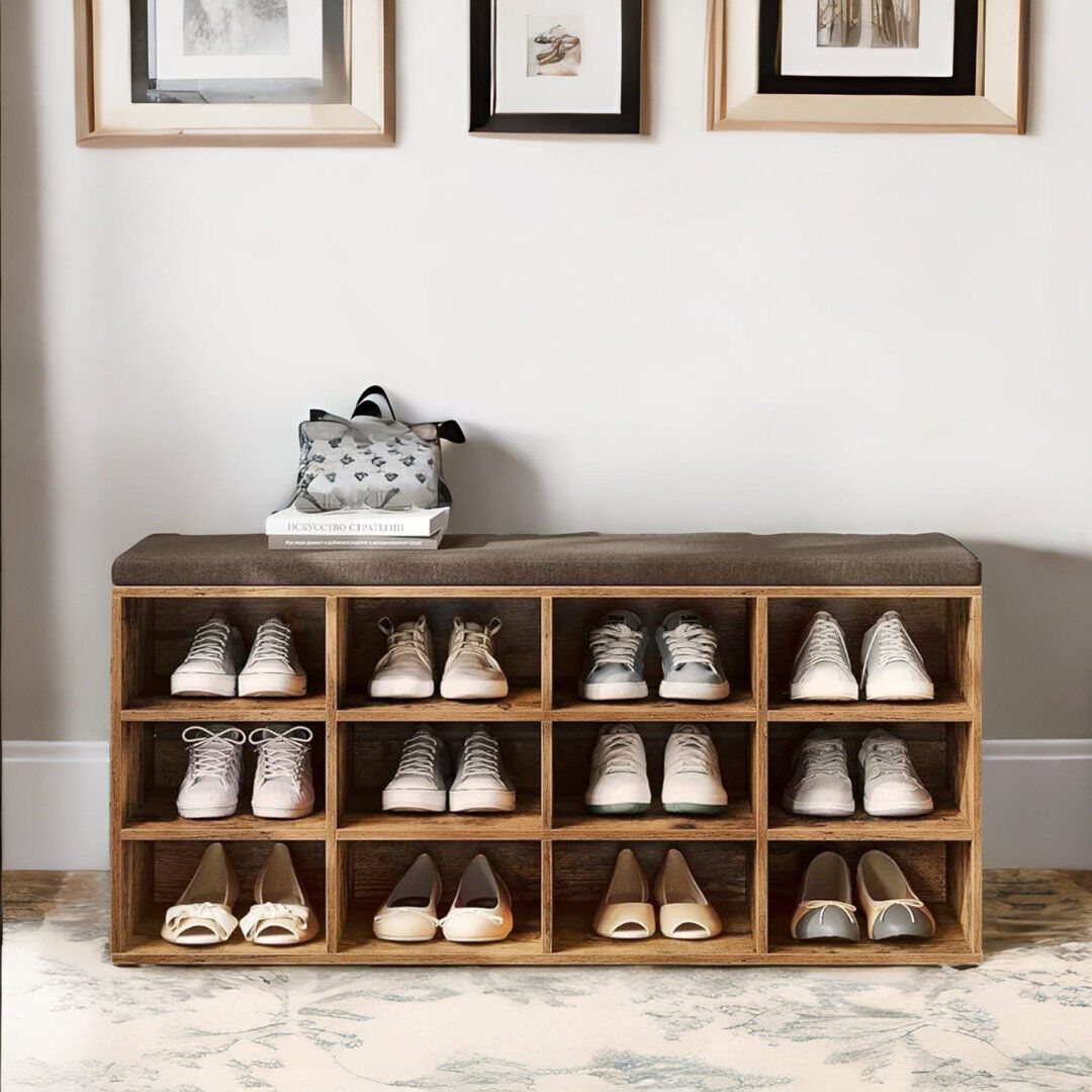 Latitude Run Albrian Rustic Brown Storage Shoe Bench 12 Pair Shoe Rack Entryway Hallway Organiser Brown 45cm H X 91cm W X 34cm D