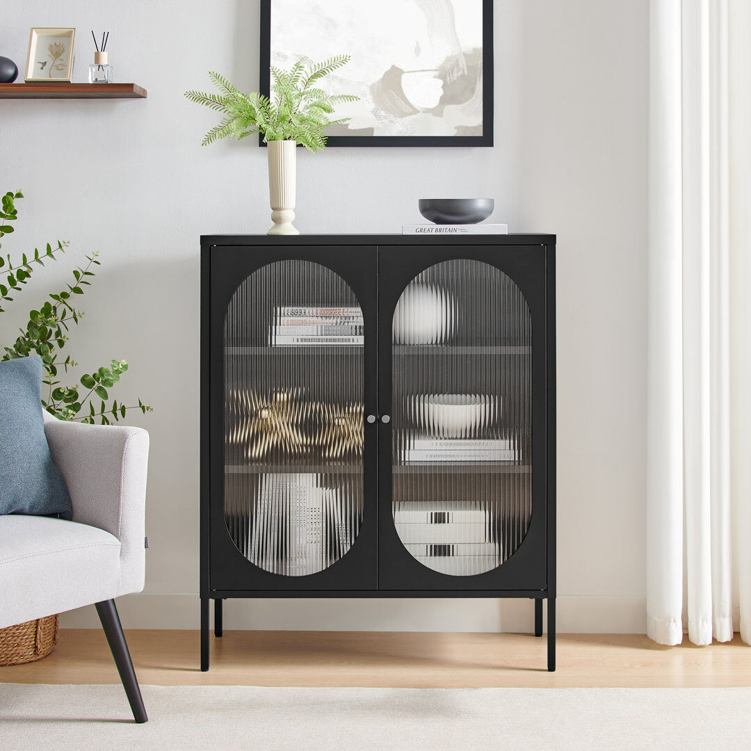 17 Stories Natela Metal & Glass Cabinet Sideboard with Double Doors - Modern Deco Style Black Metal 110cm H X 90cm W X 35cm D