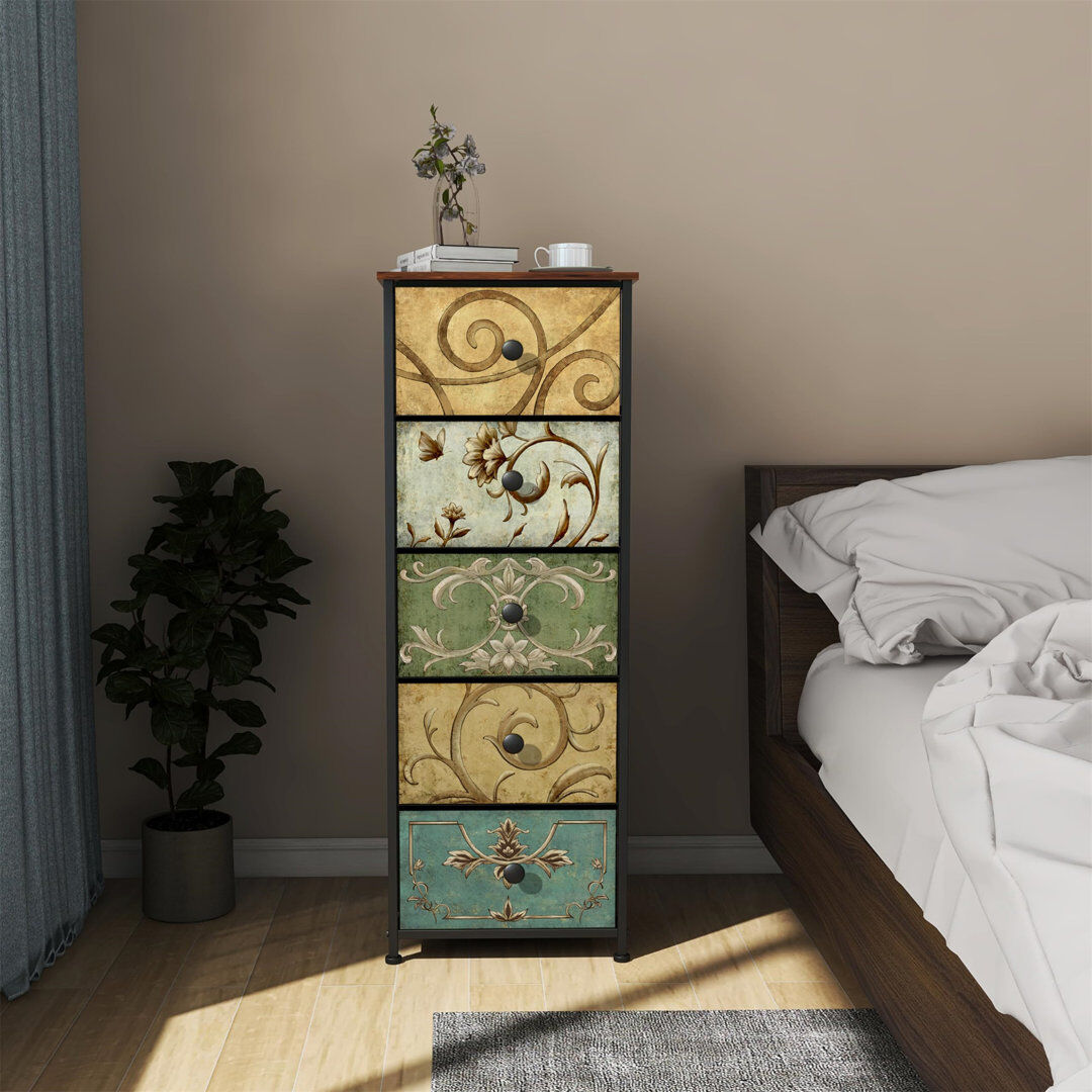ClassicLiving Narrow Tall Chest Of Drawers 5 Fabric Drawer Dresser For Bedroom Slim Storage Tower Organizer Unit For Living Room Bedroom Closet Entryway Wood Board Brown 114cm H X 42cm W X 30cm D