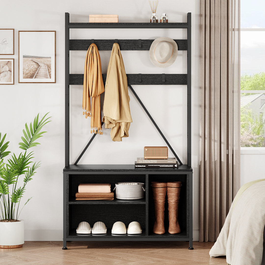 Rio Coat Rack Stand, Hall Tree With Bench and Shoe Storage, Freestanding Coat Stand Garment Rack for Entryway Hallway Living Room Black 177.5cm H X 92.5cm W X 35cm D