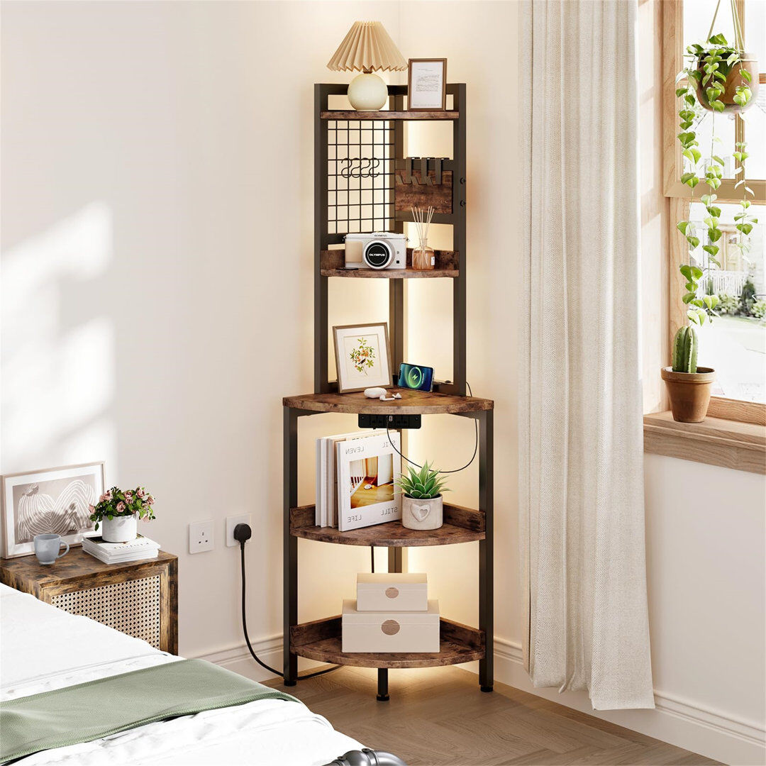 Brayden Studio Tall Corner Shelf With Power Socket And Light Strip, 5-Tier Freestanding Industrial Corner Bookshelf Plant Shelf Brown