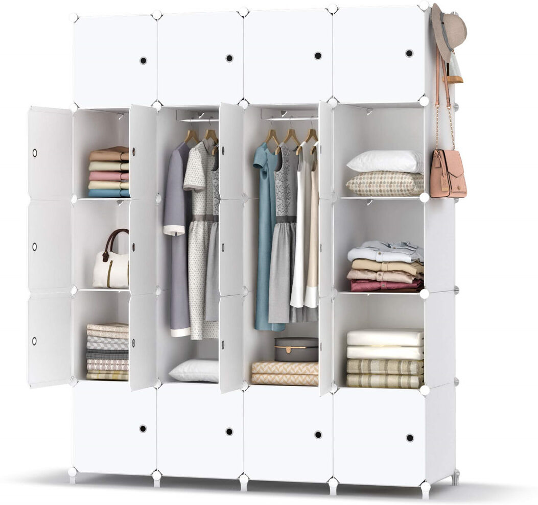 Symple Stuff Portable Wardrobe Foldable Closet With 20 Compartments, Combination Armoire Modular Cabinet Clothes Storage Organizer Shelf With Clothes Hanging Rails 35cm L