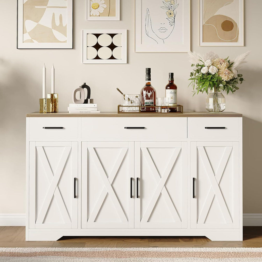 Brambly Cottage Large Sideboard Buffet Storage Cabinet, with 3-Drawer and 4 Doors, Buffet cabinets, Modern Farmhouse Coffee Bar Cabinet, for Kitchen, Dining Room Livi White/Black/Brown 81cm H X 130cm W X 38.5cm D