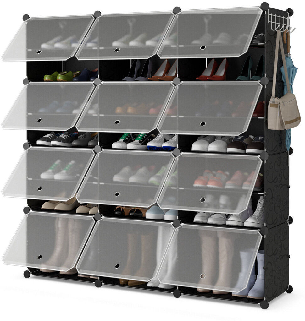 Rebrilliant 48 Pairs Portable Shoe Shelves 12-Cube Shoe Storage Cabinet W/Removable Shelf Black 48
