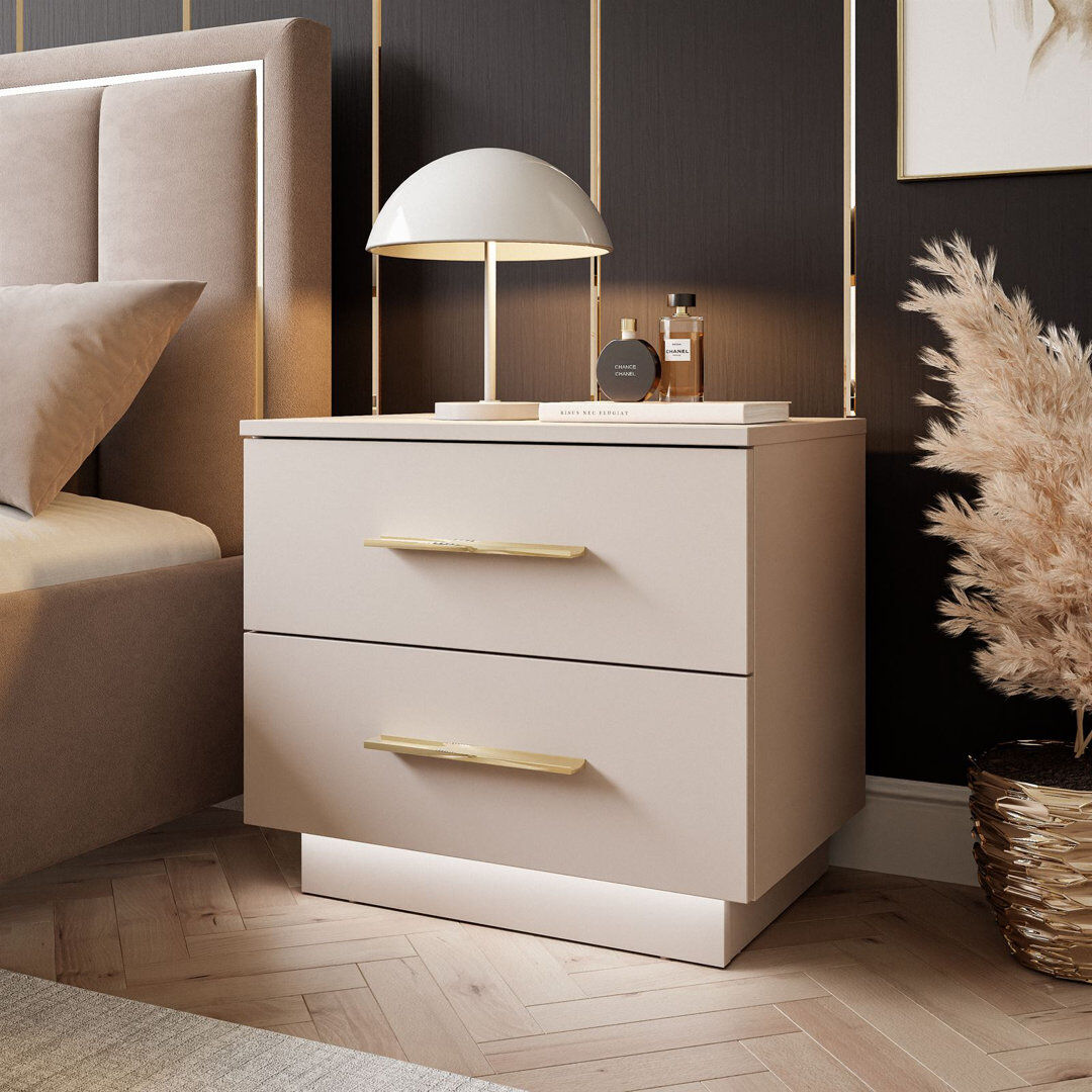 Metro Catrien Bedside Table Cashmere/Gold Chrome 50cm H X 55cm W X 37cm D
