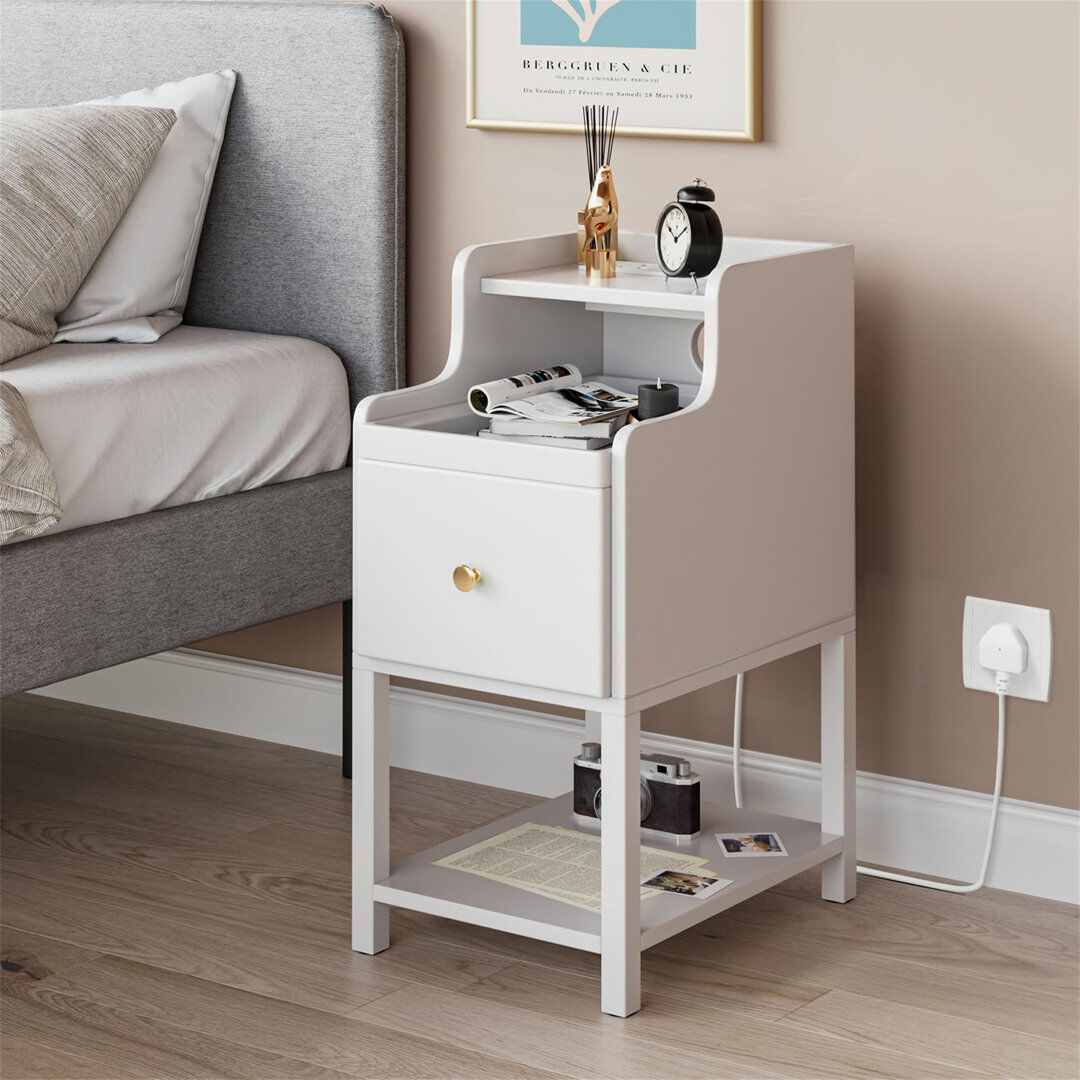 17 Stories White Wood Bedside Table With Drawer And Charging Station,narrow Side Table With 2 Charging Outlets And 2 Usb Ports,removeable Tray,end Table Storage White 63cm H X 30cm W X 40cm D