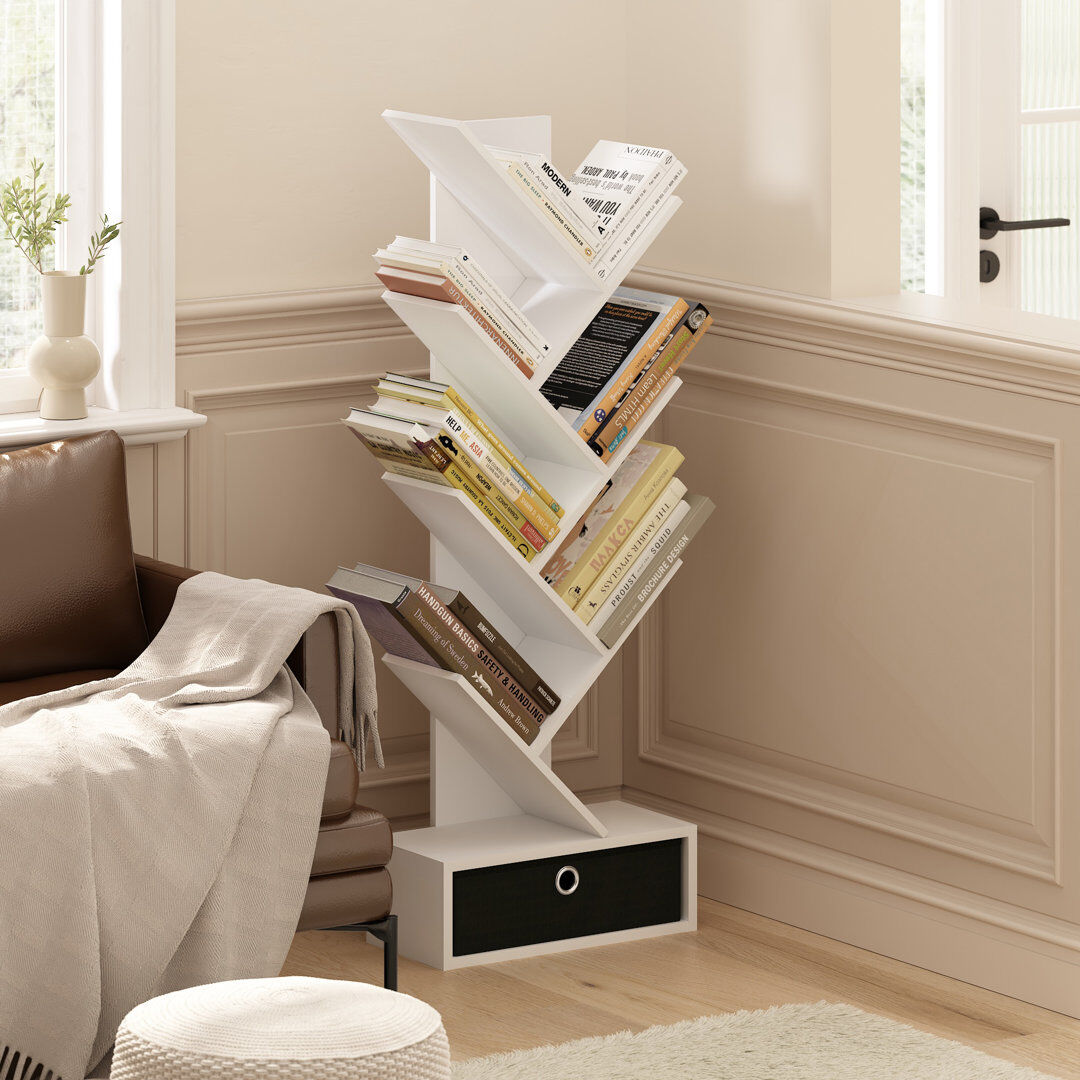 17 Stories Furinno Tree Bookshelf 7-Tier Floor Standing Tree Bookcase with Bin Drawer White/Black 117.3cm H X 42.9cm W X 21.41cm D