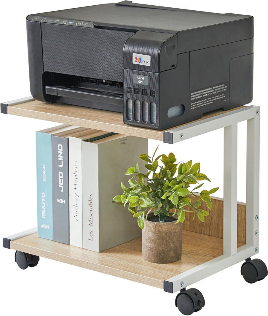 Ebern Designs Naticia Under Desk Printer Stand, 2-Tier Cart for Printer & Fax, Mobile Home Desktop Organizer Shelf with 4 Wheels Beige 34.5cm H X 43cm W X 29cm D