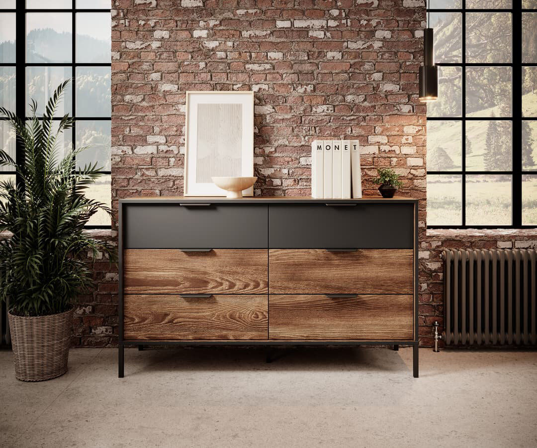 Alpen Home Eiver 6 Drawer 137.3Cm W Double Dresser Brown;Oak Chestnut & Anthracite 81.4cm H X 137.3cm W X 39.5cm D
