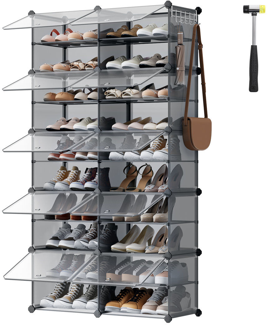 Rebrilliant Interlocking Shoe Rack, Plastic Shoe Storage Cabinet, 10-Slot Modular Storage Organiser Unit, 30 X 40 X 30 Cm For Each Slot, With Doors, Steel Frame, Grey 40