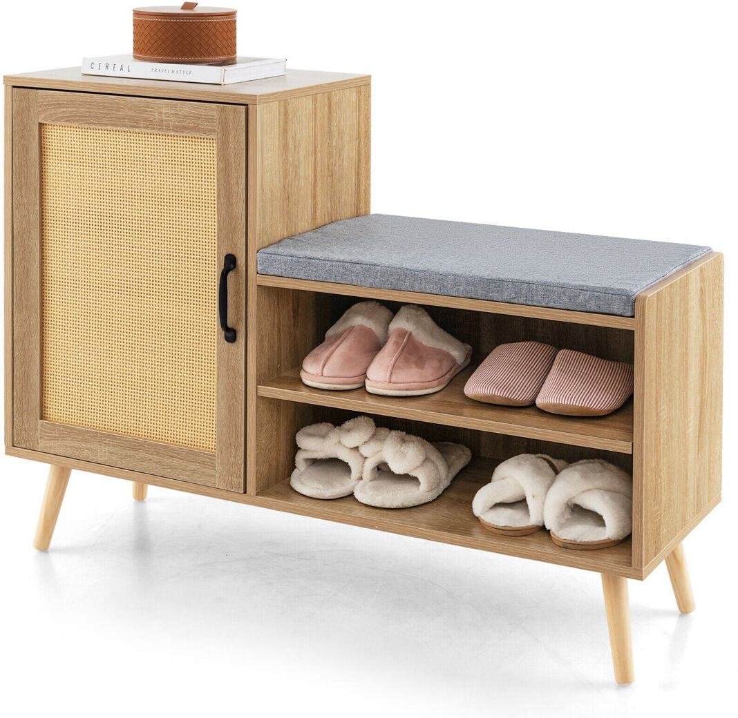 17 Stories Rattan Shoe Cabinet 2-In-1 Shoe Storage Bench Shoe Rack Cabinet Natural Wood 12
