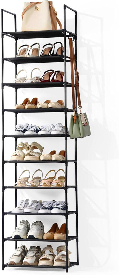 Rebrilliant 10-Tier Tall Metal Shoe Rack With Hooks Premium Non-Woven Stackable Shoe Storage Organiser For Hallway & Bedroom, Holds Up To 20 Pairs Black 20