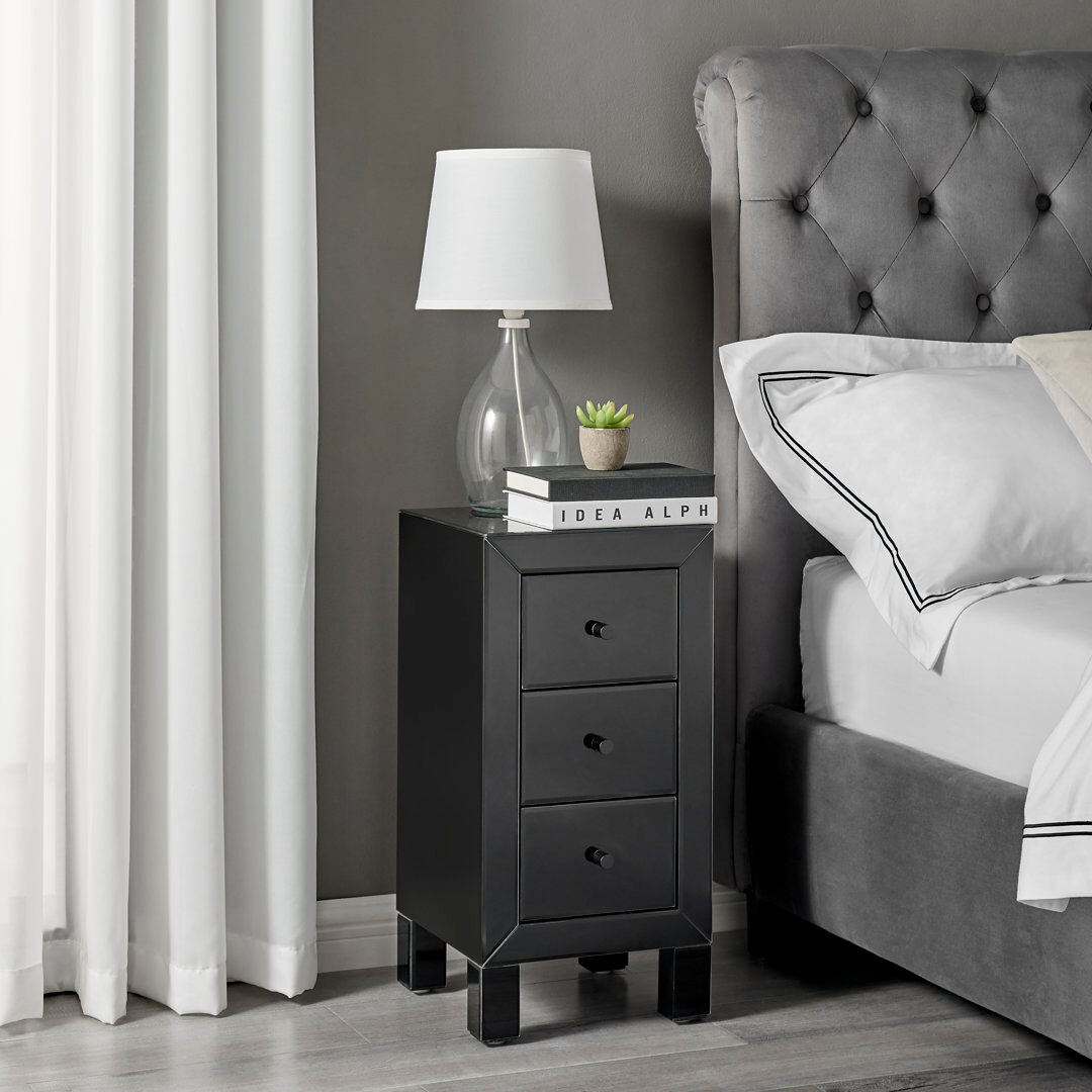 Latitude Run Nekizia Small Slimline 3 Drawer Mirrored Bedside Cabinet - Luxury Modern Bedside Table Nightstand Black 60cm H X 30cm W X 30cm D