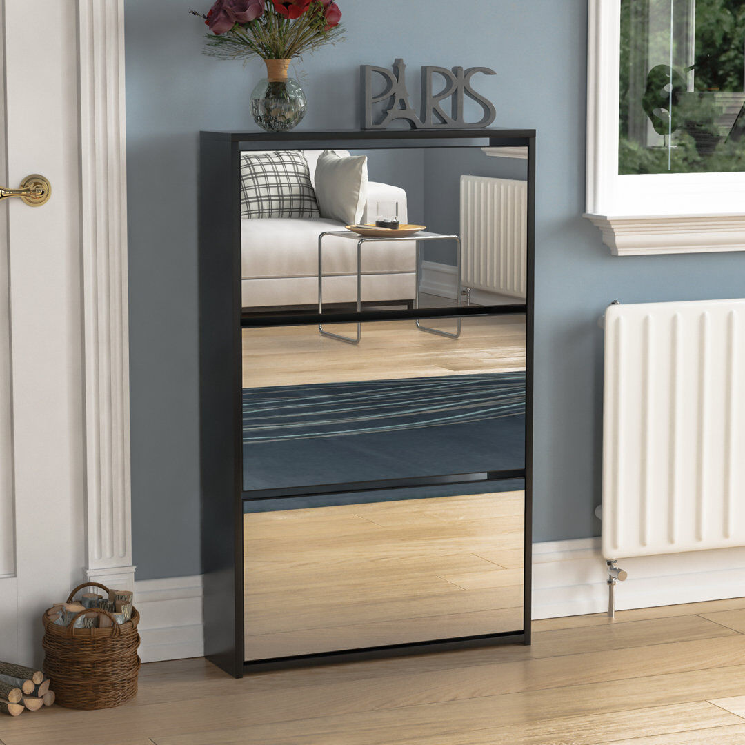 Latitude Run 3 Drawer Mirrored Flip Down Shoe Storage Cabinet Free Standing Cabinet For Hallway Black