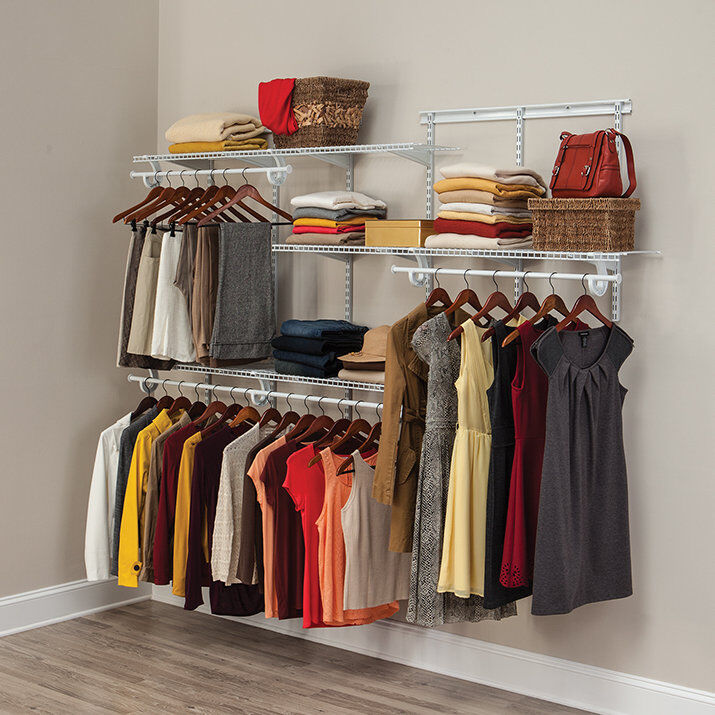 Closetmaid Adjustable ShelfTrack Wardrobe Storage and Clothes Rail Kit 1.8m to 2.4m Wide 3 Shelf Heavy Duty Wire Wall Mounted Shelving White 244cm W