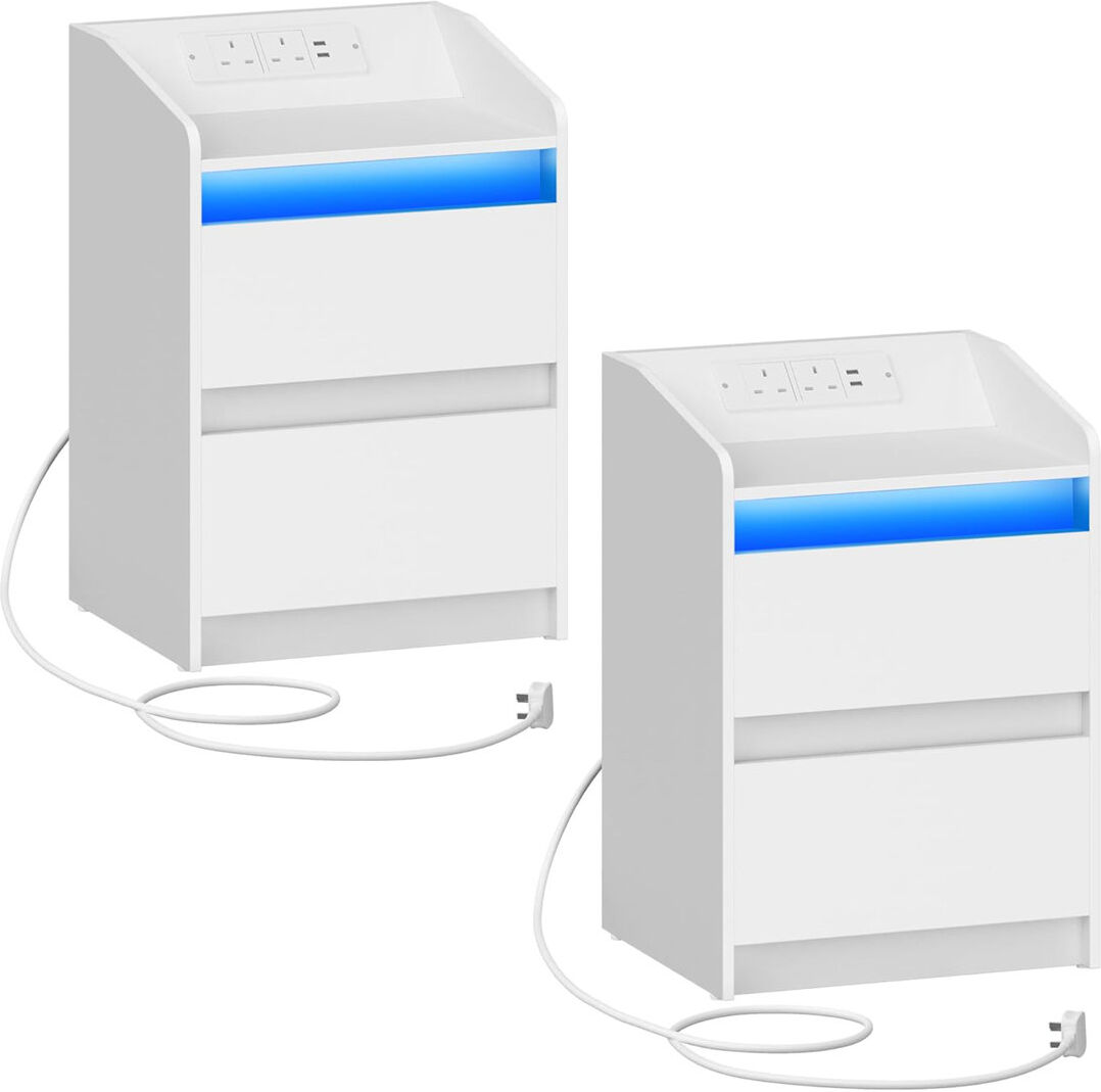 Metro Bedside Table Set of 2 with LED Lights, Bedside Cabinet with Charging Station and 2 Drawers, Nightstand with USB Ports & Power Outlet, Nightstand for White 58cm H X 40cm W X 35cm D