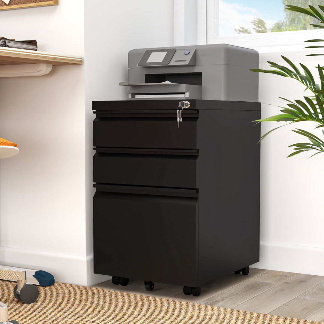 Blue Elephant Carreiro 3 Drawer Office storage unit,Steel Filing Cabinet Black 62cm H X 38.9cm W X 45.7cm D
