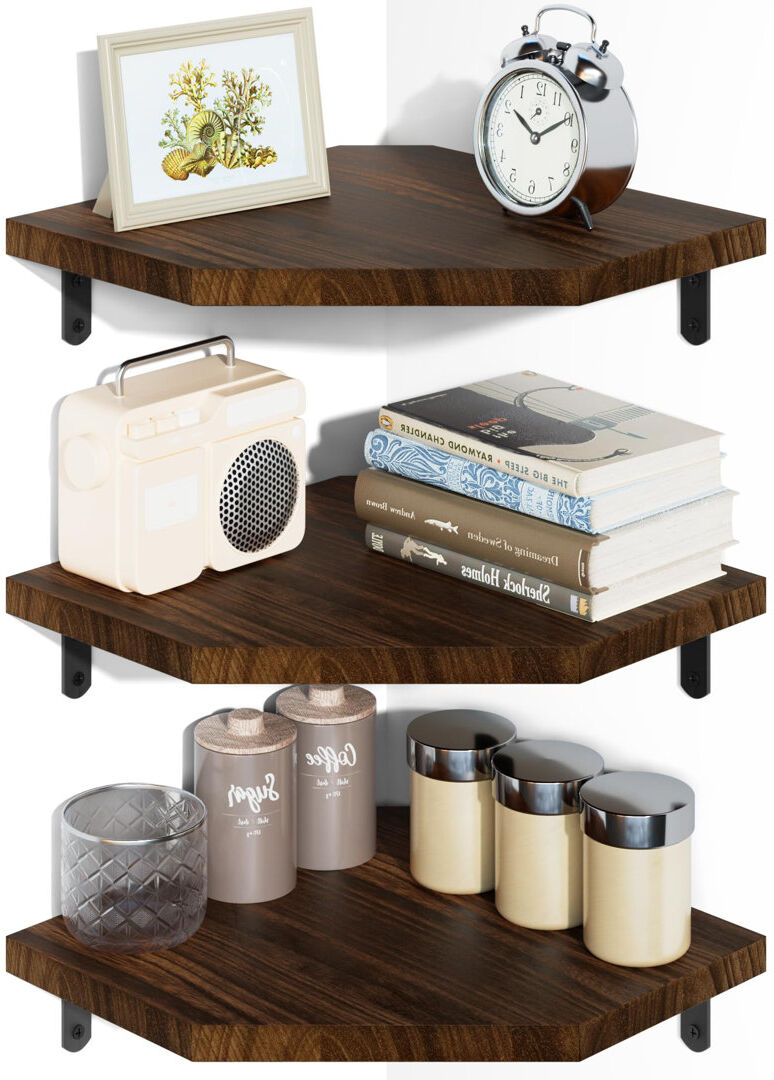 Borough Wharf Floating Corner Shelves Wood, Set Of 3 Small Corner Shelf Wall Mounted Rustic Floating Wall Shelves For Bedroom Kitchen Living Room Office Bathroom Brown