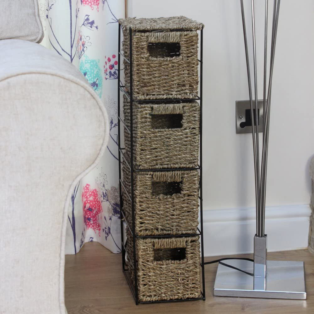 17 Stories Bacote Seagrass Woven 4 Drawer Storage Tower Unit For Home, Office Furniture Basket Shelf Brown 25cm H X 9cm W X 6cm D