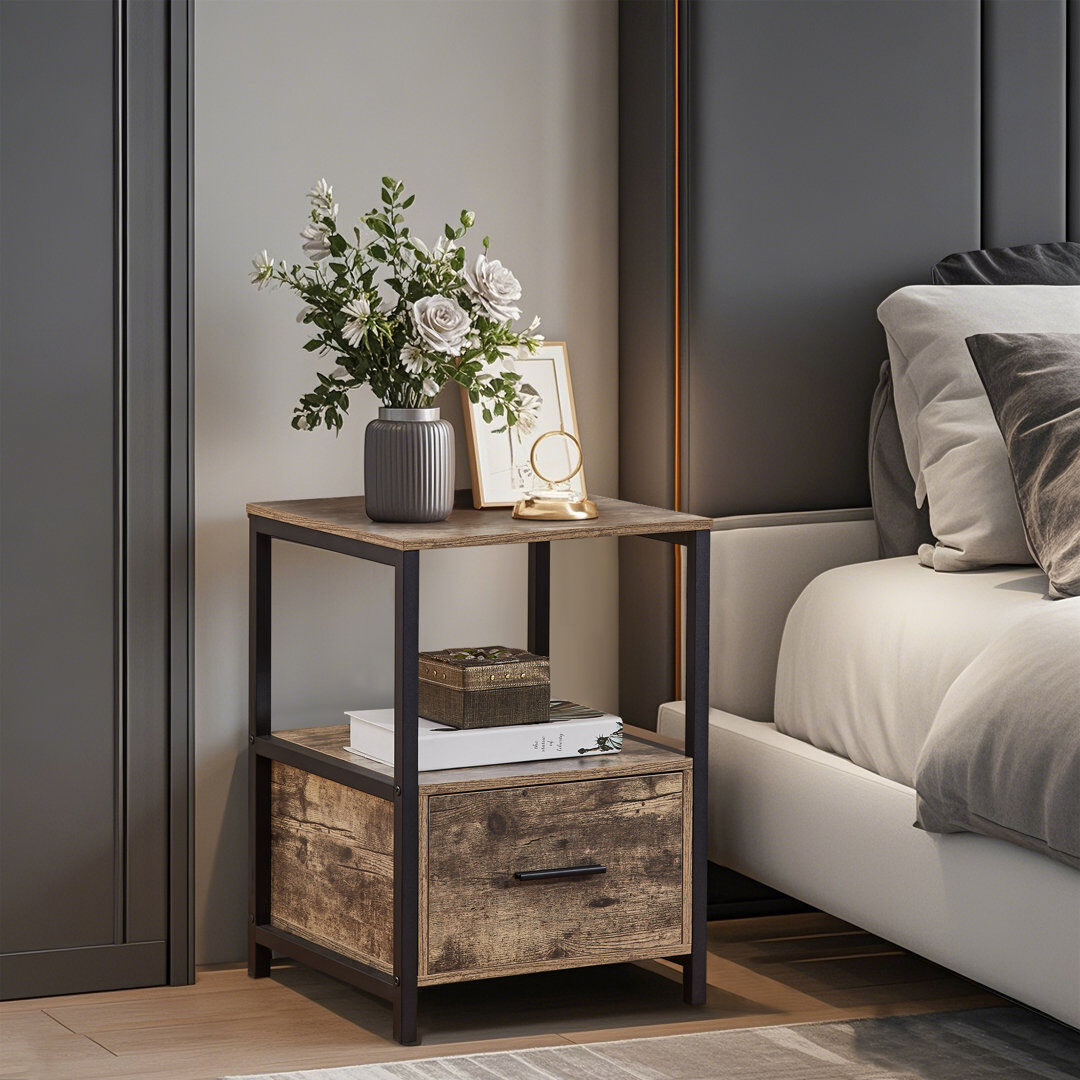 Borough Wharf Bedside Table with 1 Drawers, Modern End Side Table with Storage Shelves, Metal Frame Nightstand for Bedroom, Living Room Grey 56cm H X 40cm W X 40cm D