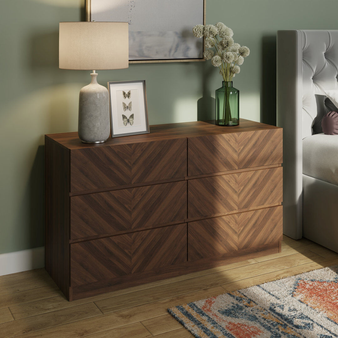 GFW 6 Drawer 120Cm W Double Dresser Walnut 68cm H X 120cm W X 40cm D
